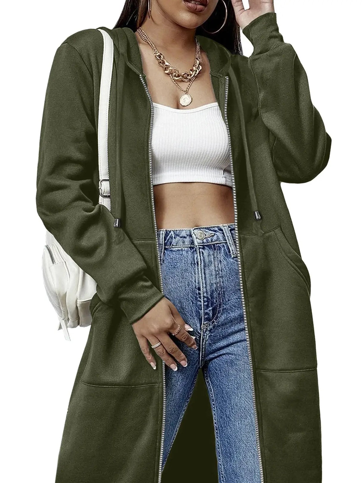 Women's Casual Long Hooded Zip Up Jacket