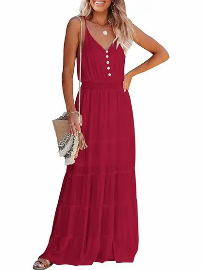 Women's Spaghetti Strap V-Neck Tiered Maxi Dress