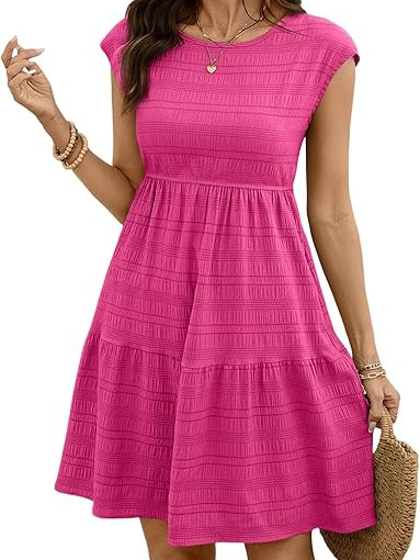 Women's Round Neck Cap Sleeve Textured Tiered Midi Dress