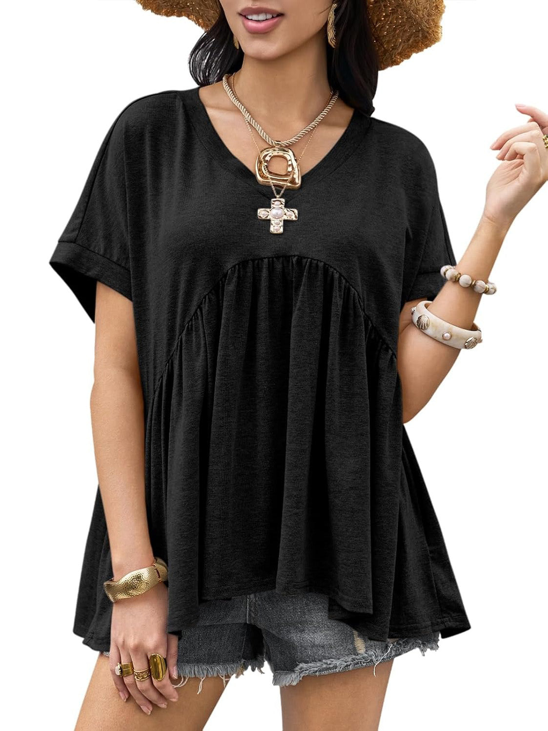 Women's V-Neck Pleated Swing Peplum Babydoll T-Shirt