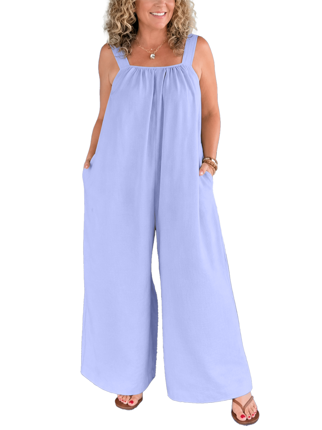 Women's Linen Square Neck Wide Leg Jumpsuit