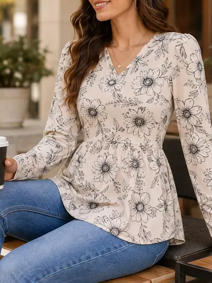 Women's V‑Neck Babydoll Print Tunic Top