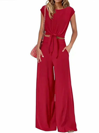Summer Casual V-Neck Tie Waist 2 Piece Outfit