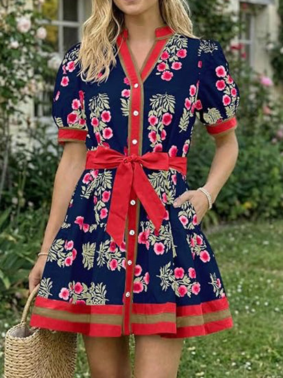 Women's Contrast Trim Floral Waist Tie Dress