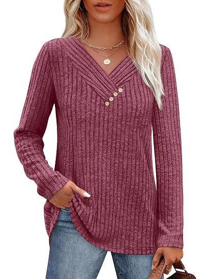 Women's Ribbed V‑Neck Decorative Button Fall Top
