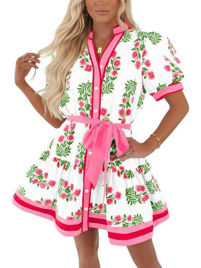 Women's Contrast Trim Floral Waist Tie Dress