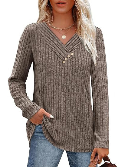 Women's Ribbed V‑Neck Decorative Button Fall Top