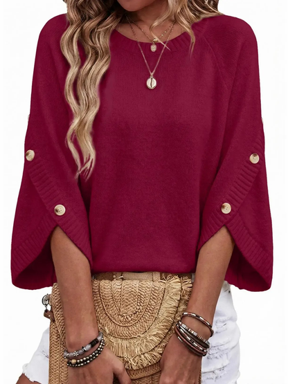 Women’s Crew Neck Raglan Sleeve Button Detail Knit Pullover