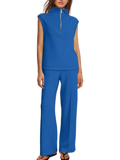 Women's Sleeveless Half Zip Top & Wide Leg Pants Set