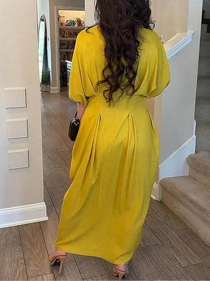 Women's Crew Neck Batwing Sleeve Pleated Midi Dress