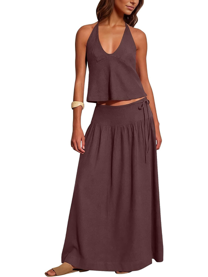 Women's Deep V‑Neck Halter Matching Skirt Set