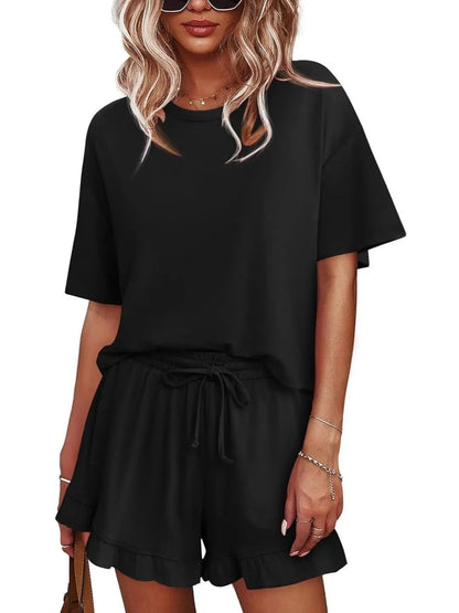 Women's Ruffle Short Sleeve Loungewear Short Set