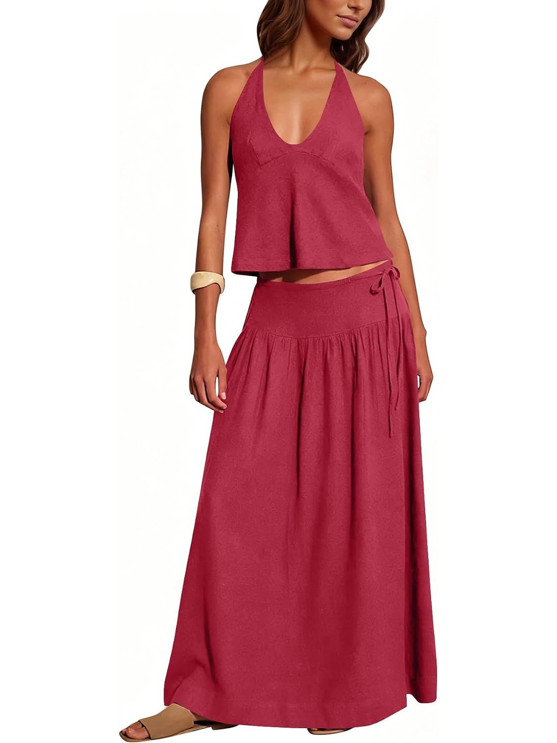 Women's Deep V‑Neck Halter Matching Skirt Set