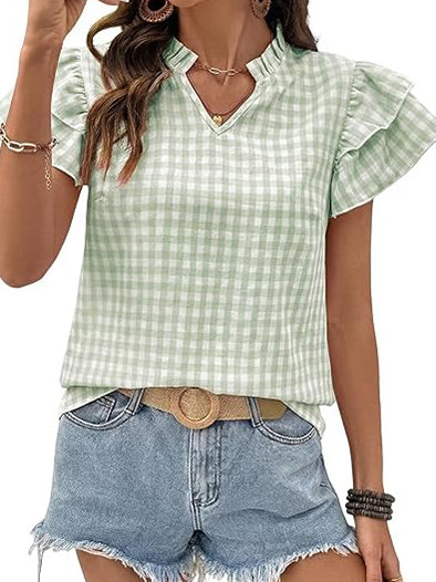 Women's Gingham V Neck Ruffle Sleeve Blouse