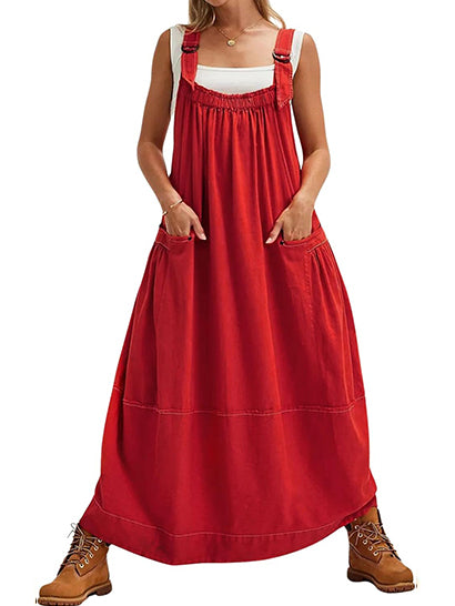 Adjustable Strap Barrel Overall Dress with Pockets