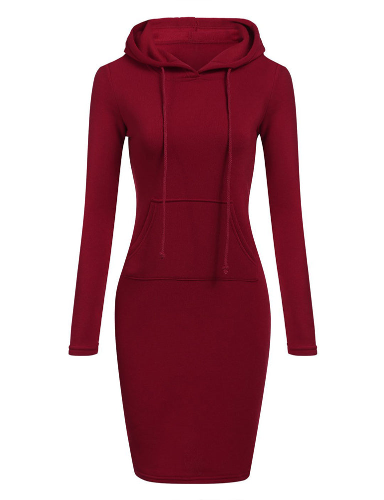 Women Pocket Knee Length Slim Casual Pullover Hoodie Dress