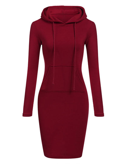 Women Pocket Knee Length Slim Casual Pullover Hoodie Dress