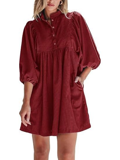 Women's Button Up Empire Waist Corduroy Dress
