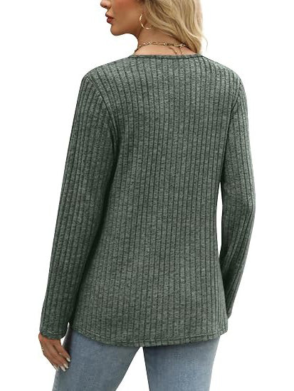Women's Ribbed V‑Neck Decorative Button Fall Top
