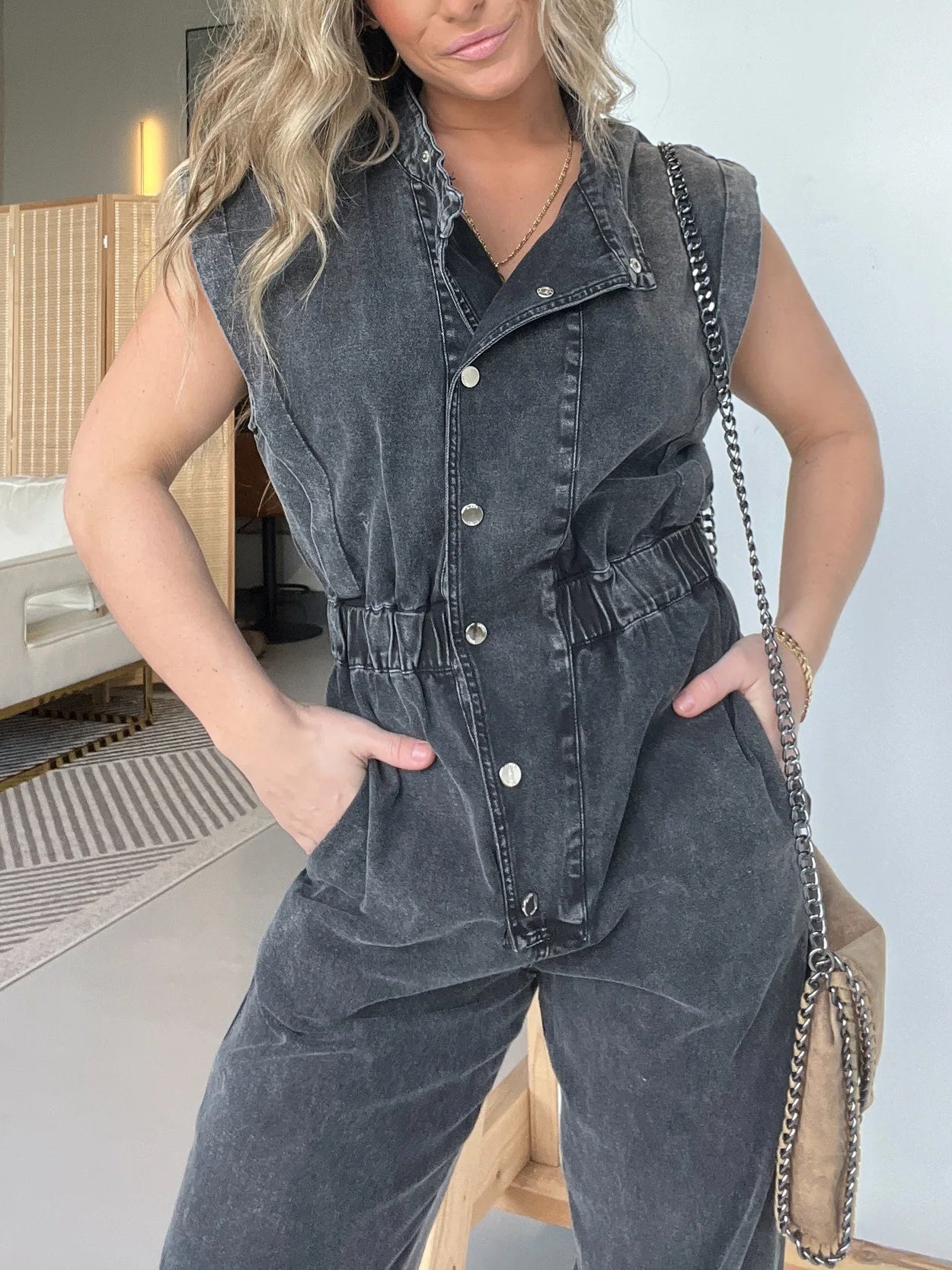 New Sleeveless Denim Waisted Lightweight Jumpsuit