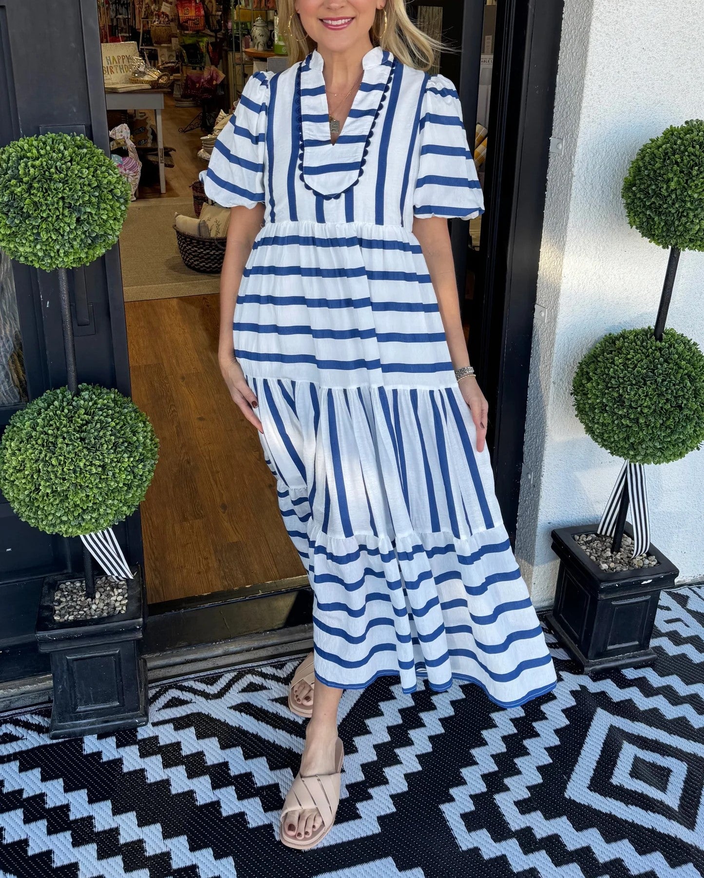 Women's V-Neck Striped Patchwork Maxi Dress with Pockets