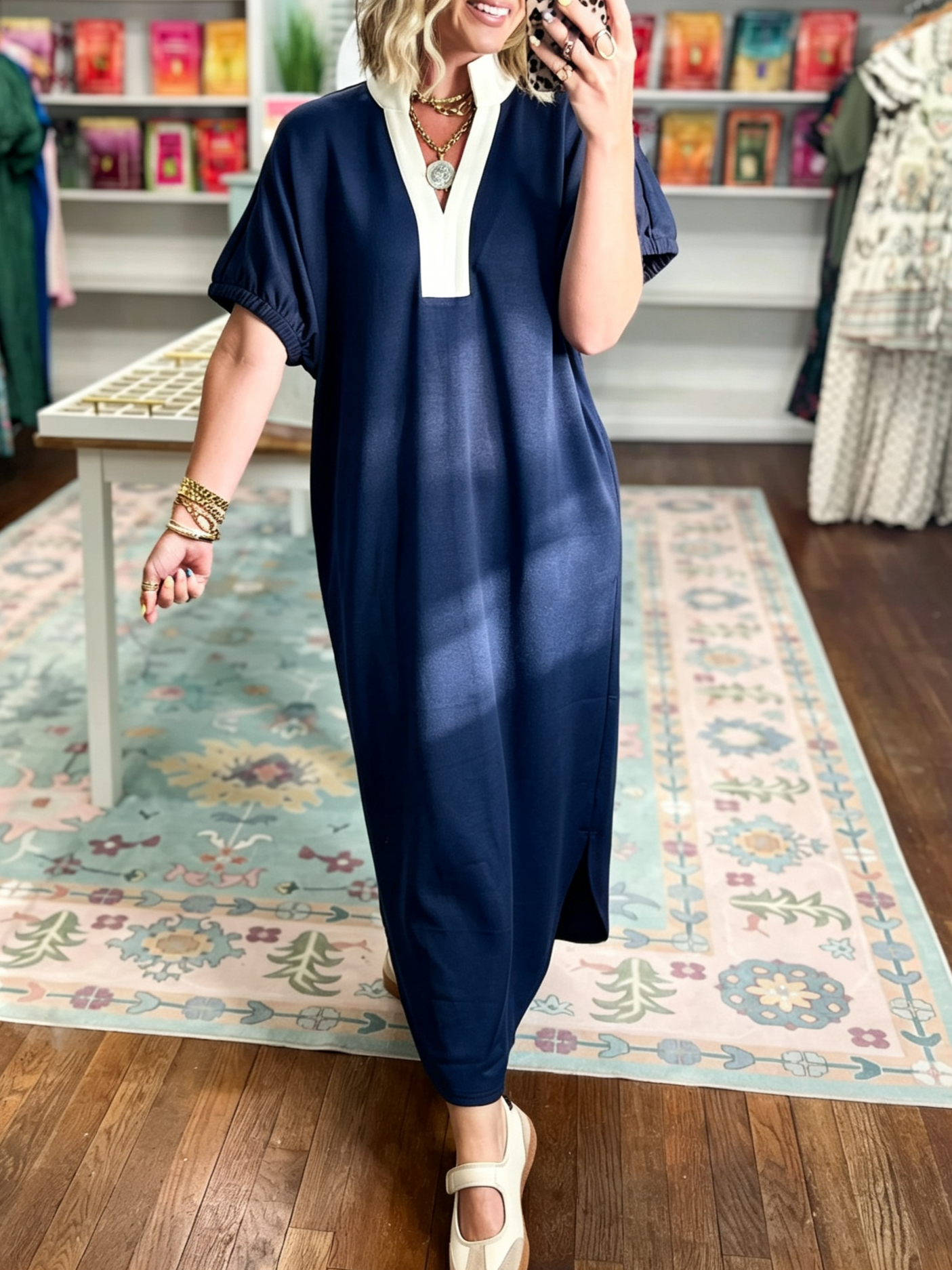 Women's Loose Fit Side Slit Casual Midi Dress