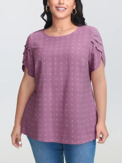 Women's Dot Textured Petal Short Sleeve Blouse