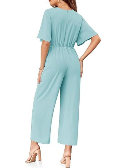 Women's Chic Tie-Front V-Neck Short Sleeve Jumpsuit