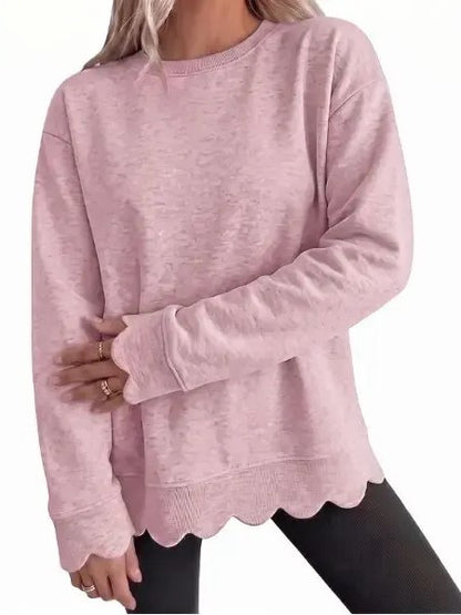 Women's Crew Neck Wavy Scallop Oversized Sweatshirt