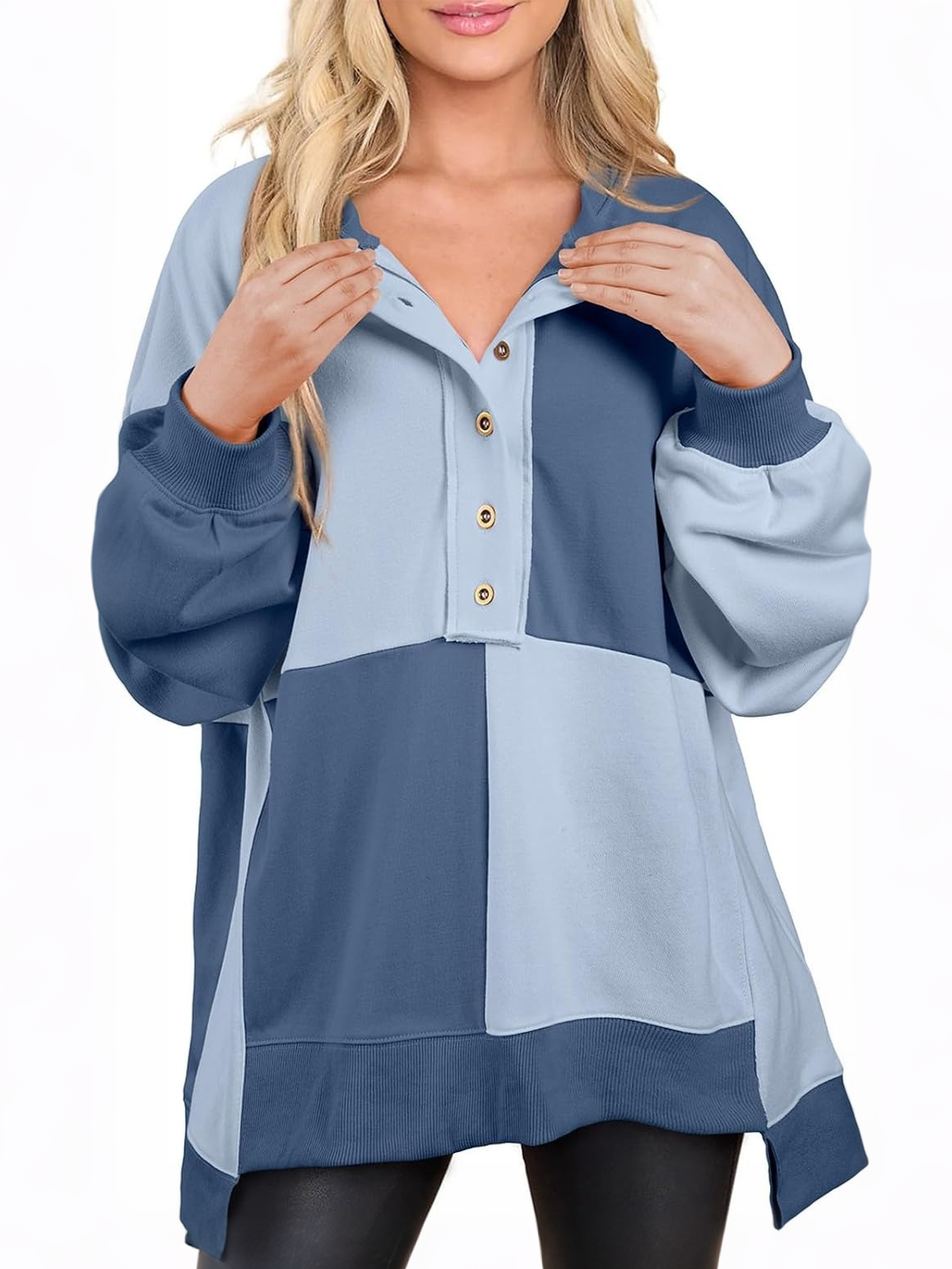 Women's Oversized Button‑Down Patchwork Pullover