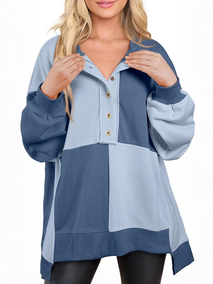 Women's Oversized Button‑Down Patchwork Pullover