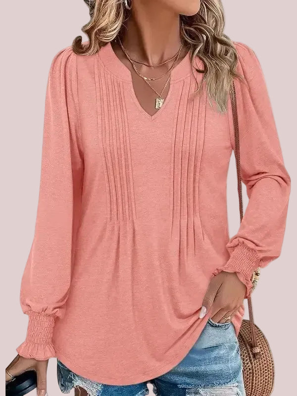 Women's Print Notch V‑Neck Long Sleeve Top