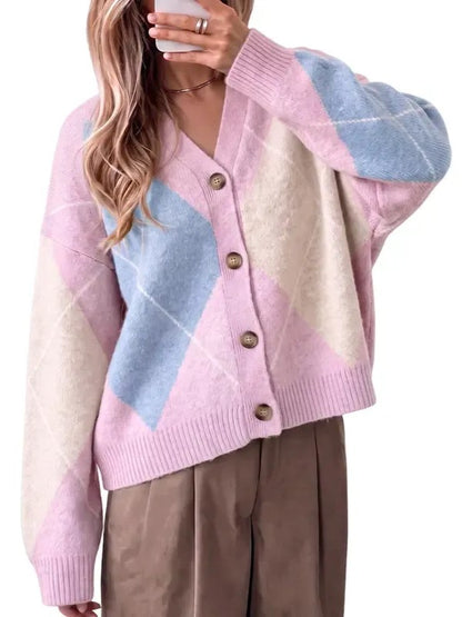 Women's Argyle Color Block V Neck Cardigan