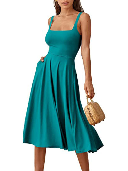 Casual Square Neck Sleeveless   Beach Midi Dress