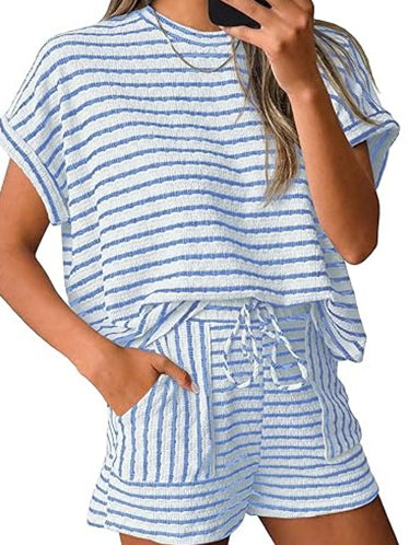 Women's Casual Striped T-shirt and Shorts Two Piece Set