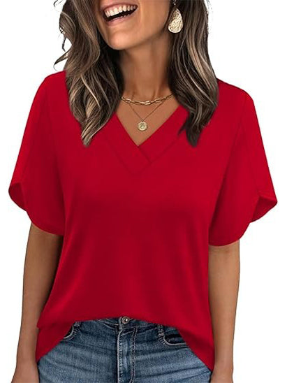 Women's V Neck Petal Short Sleeve Tops