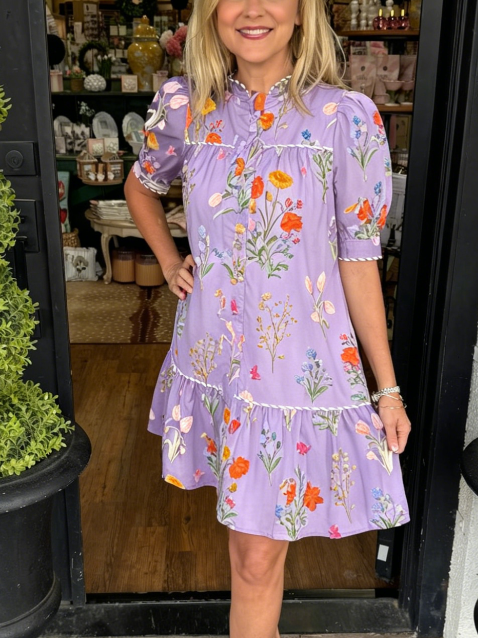 Women's Puff Sleeve Botanical Print Dress