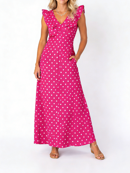 Women's Flutter Sleeve V-Neck Polka Dot Maxi Dress