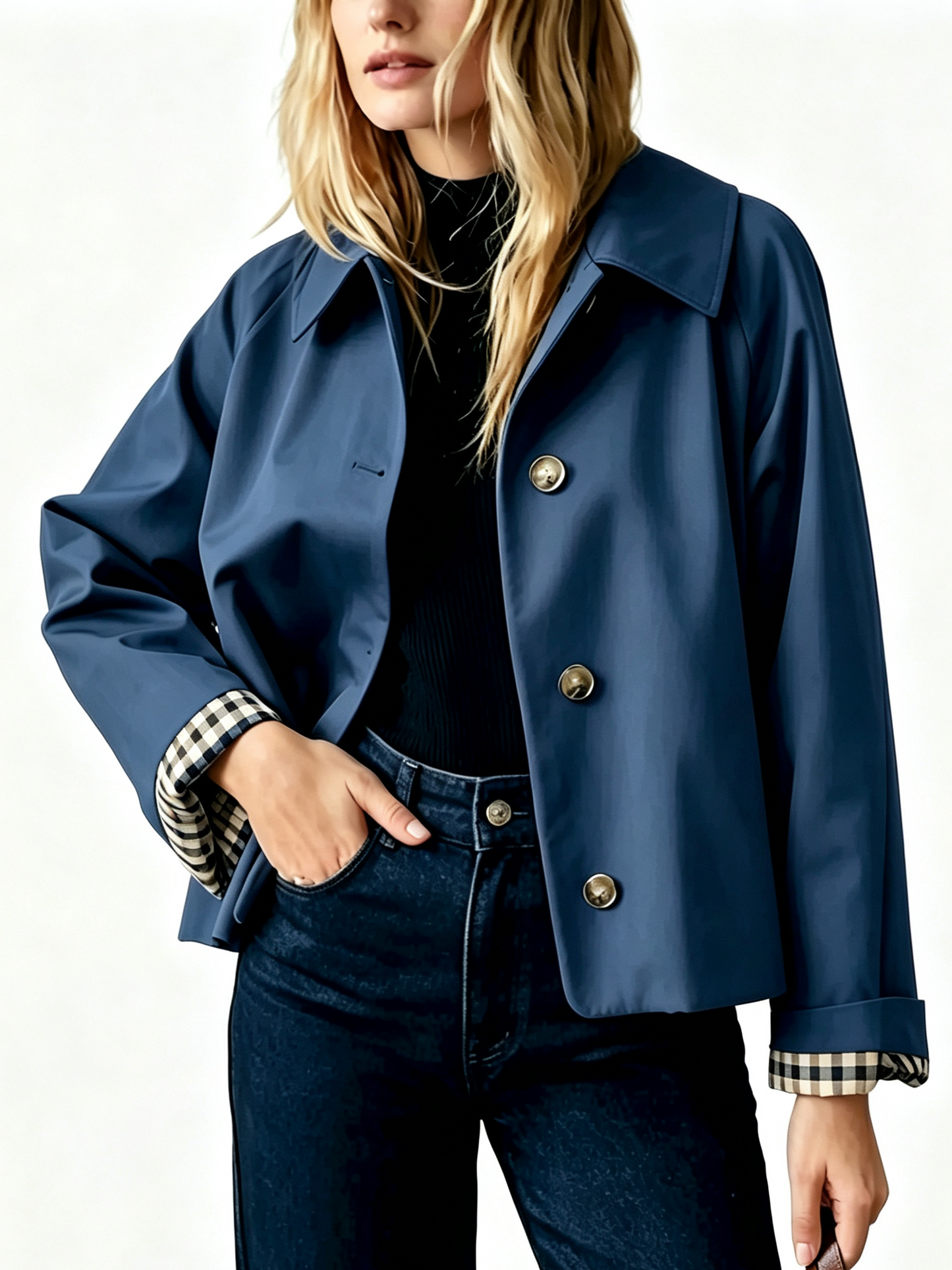 Women's Cropped Trench Jacket With Plaid Cuff Lining
