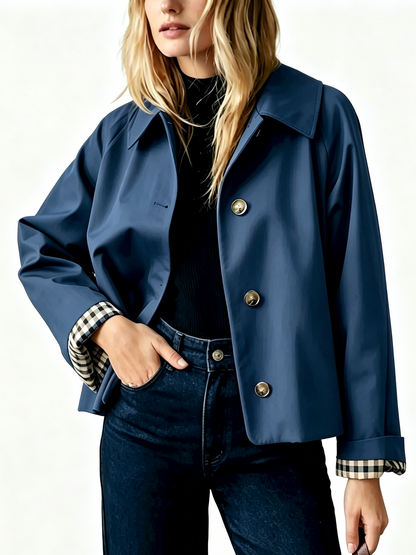 Women's Cropped Trench Jacket With Plaid Cuff Lining