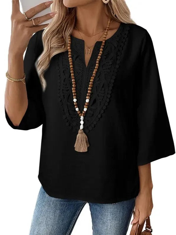 Women's Split V Neck Roll Sleeve Casual Boho Blouse