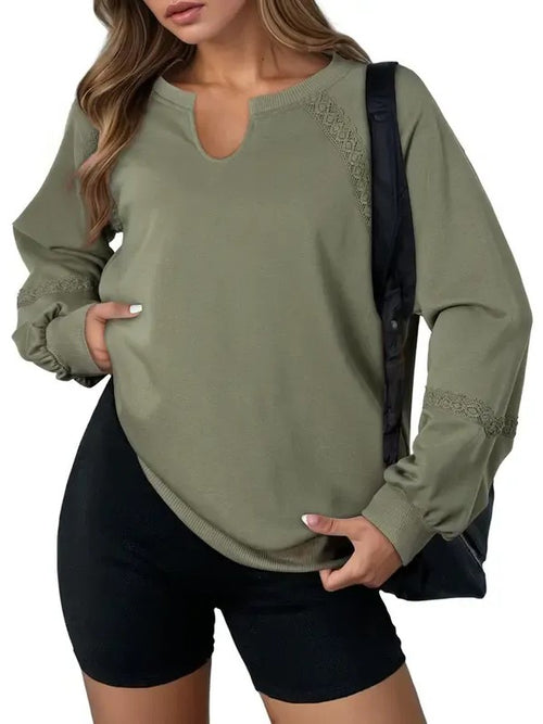 Women's Notch Neck Lace Patchwork Raglan Sweatshirt
