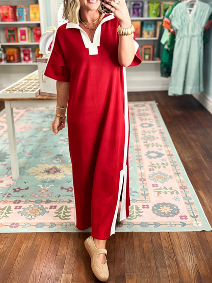Women's Color Block V-Neck Slit Maxi Dress