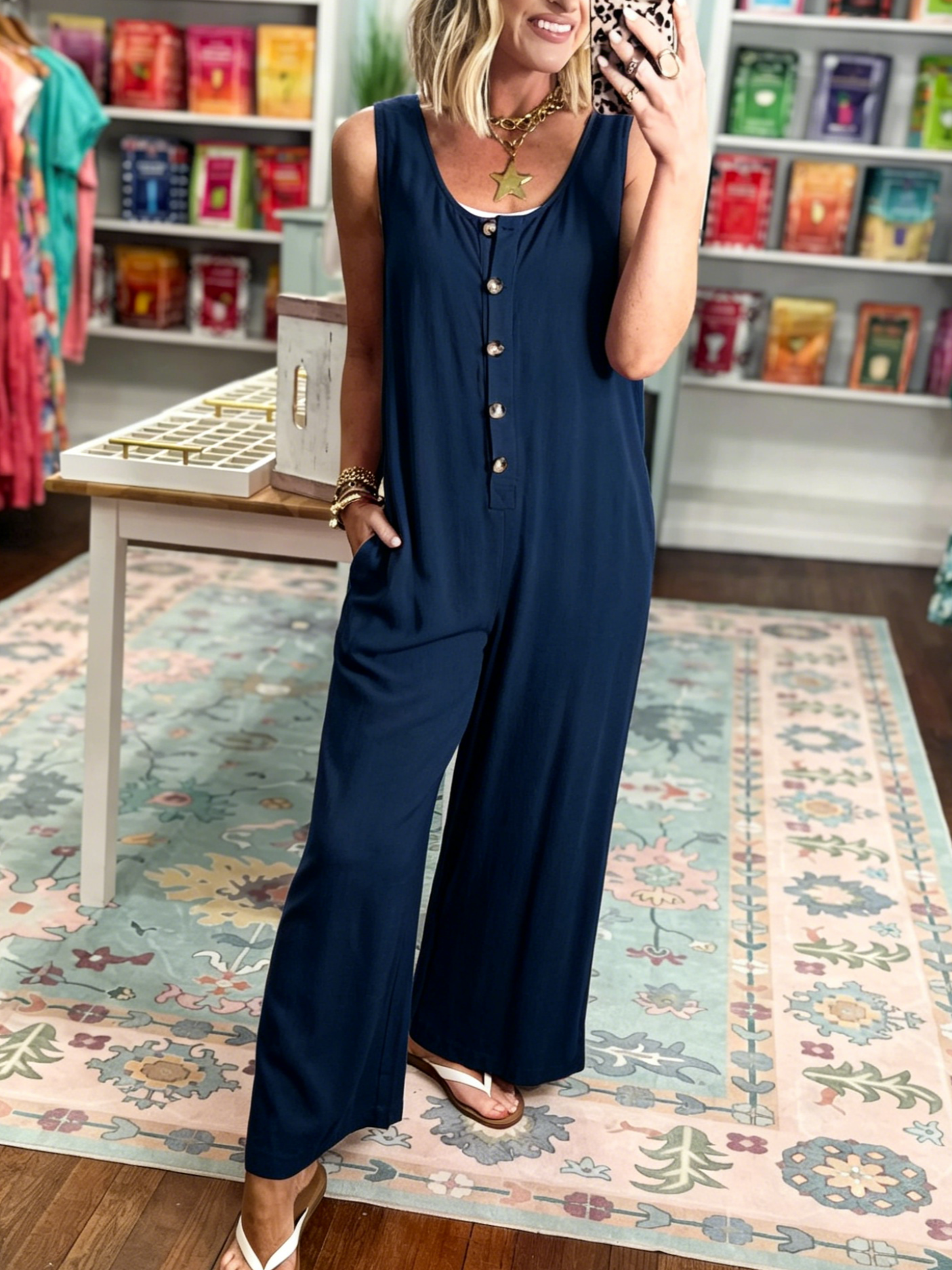 Women's Relaxed Sleeveless Button Jumpsuit