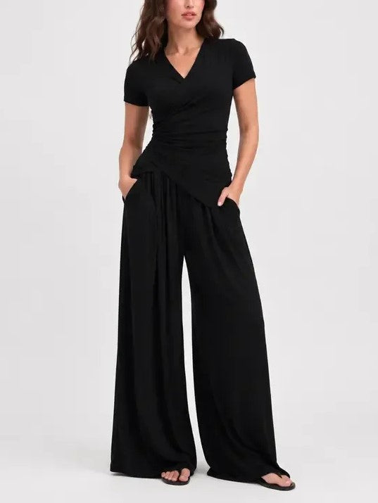 Women's Wrap Top Wide Leg Pants 2‑Piece Set