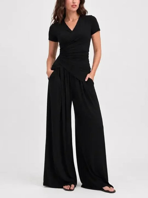 Women's Wrap Top Wide Leg Pants 2‑Piece Set