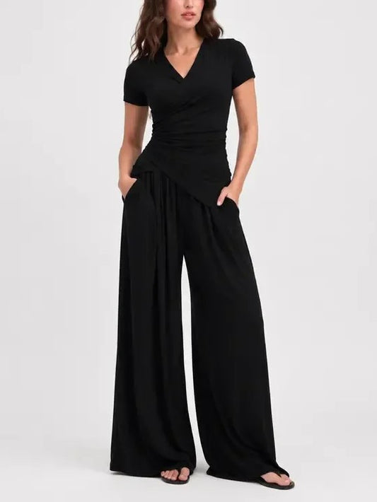 Women's Wrap Top Wide Leg Pants 2‑Piece Set