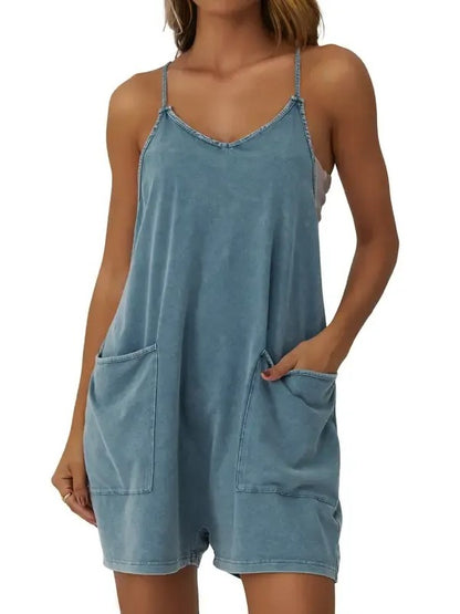 Women's V-Neck Spaghetti Strap Romper with Side Pockets