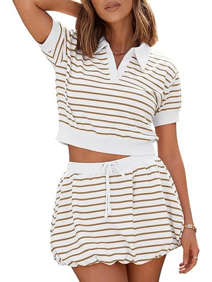 Women's Striped 2 Piece Outfits Skort Set