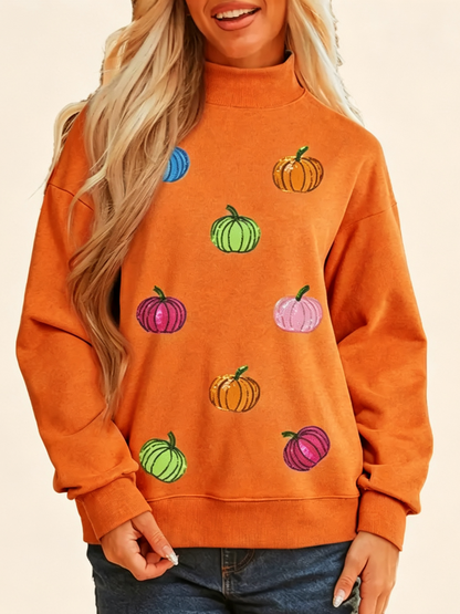 Women's Sequin Pumpkin Mock Neck Fall Sweatshirt